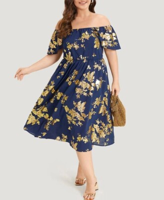Bloomchic Floral Glitter Pocket Off Shoulder Ruffle Navy Gold Dress 10 MEDIUM | eBay Bloomchic Floral Glitter Pocket Off Shoulder Ruffle Navy Gold Dress 10 MEDIUM | eBay