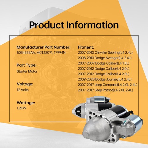 Motor De Arranque para Dodge Avenger Journey Jeep Compass Patriot 2.0L 2.4L 17994 EE. UU. - Imagen 7 de 15