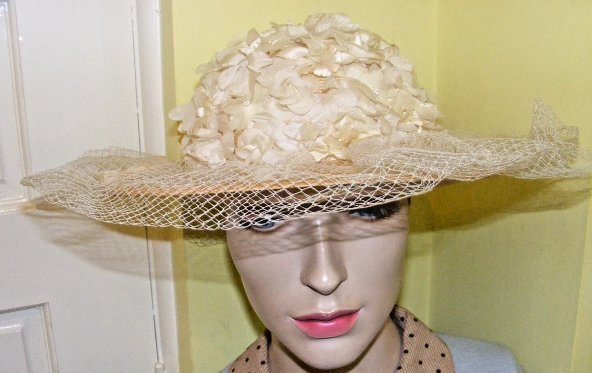 Mod 1960s White Textured Faux Straw Dome Hat Navy Sheer Scarf Bow Cream White Orford Fedora Hat, Navy Ribbon - Hicks & Brown main image 2