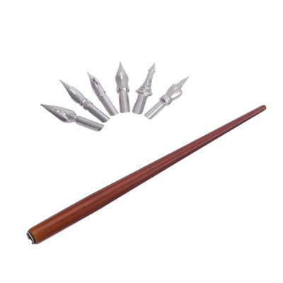 Retro Calligraphy Writing Wooden Dip Pen with 6pcs Nibs for Comic English Gift