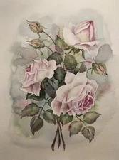 Original Painting Flowers DUSTY PINK VINTAGE ROSES Artwork Modern Floral Gift A4