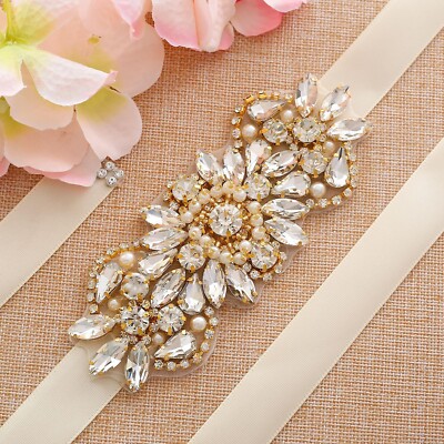 gold jeweled belt for dress Wedding Belt Sash Luxury Rose Gold Belts Rhinestone Belts Navy Blue ribbon / Silver Applique main image 1