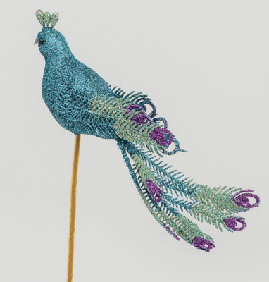 Blau/grüne Pfauen am Stock Weihnachtsdeko Vögel Paar 21 cm