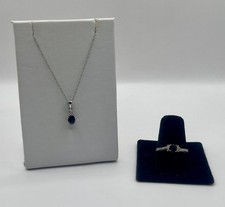 10k White Gold Natural Blue Sapphire and Diamond Jewelry Set (Necklace & Ring)
