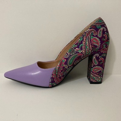 Lavender Paisley Pointed Toe Block Heels   Boho Chic Statement Pumps   Size 37