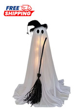 Light Up Standing Fabric Ghost Halloween Decoration With Broom Black White 36"