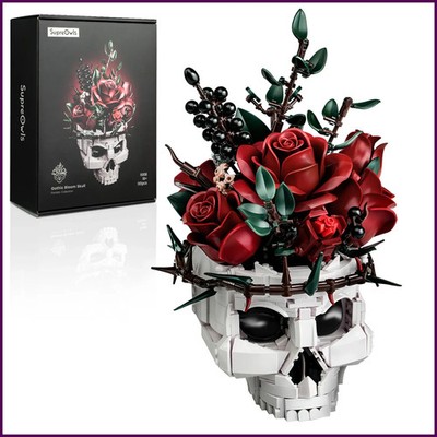 Skull Roses Bouquet Building Set Skeleton Flowers Plant Pot Blocks Horror Gothic