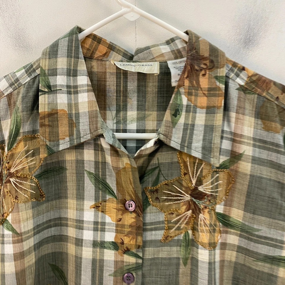 Blusa Camisa Top Grande Lemon Grass Para Mujer Tejida Botón Verde A Cuadros Manga Corta Foto 2 de 4