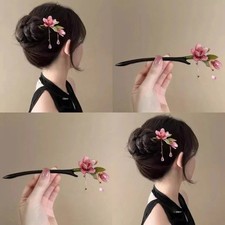Floral Hair Stick Chinese Style Hairpin, Pink Flower Tassel Retro Traditional