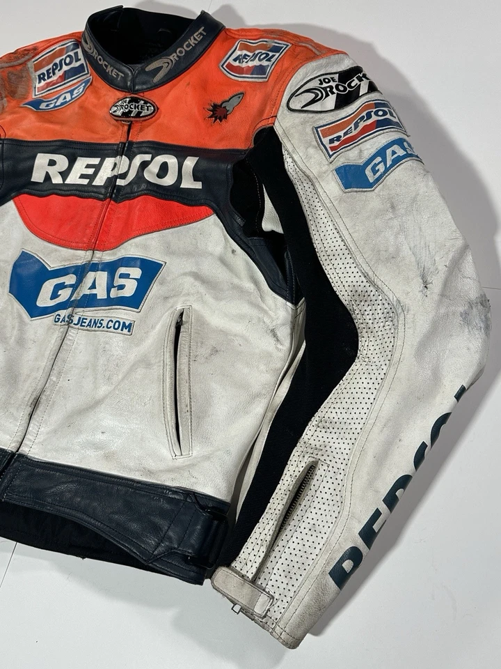 De Colección Repsol Honda Gas Jeans Joe Rocket Cuero Moto Chaqueta Talla 46 Envejecida Foto 4 de 4
