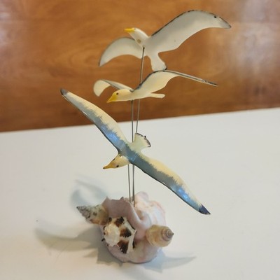 Kinetic Seagull Sculpture 3 Flying Birds on Wire Plaster Base w 3 Sm Shells MCM