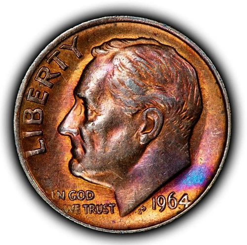 1964 10c Roosevelt Silver Dime - Colorful Toning - BU - SKU-Z6486