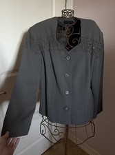 VTG Carole Little Collarless Grey Blazer Sequin Cord Detail Size 14 Button Front