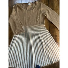 Calvin Klein Tan White Striped Fit and Flare Sweater Dress Scalloped Trim Large