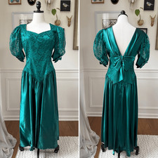 Vintage 80s Alfred Angelo Dream Makers Emerald Green Satin Lace Princess Prom Fo