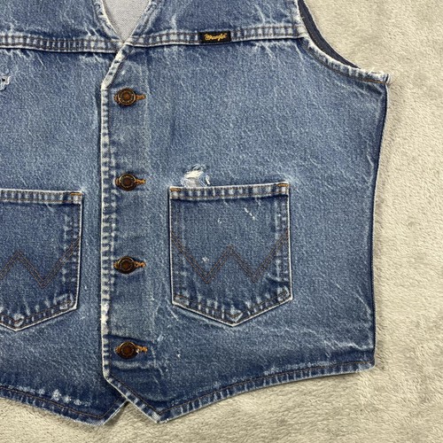 Vintage Wrangler Denim Vest Mens Medium Distressed Western Cowboy 90s 74130PW - Picture 5 of 12