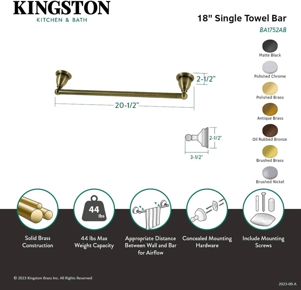 NEW Kingston Brass 18-Inch Heritage Towel-Bar, Oil Rubbed Bronze Classic Luxury - Image 4 of 4