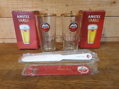 Amstel Gläser VERPACKT & gedreht Bier Schaum Skimmer & Metall Flaschenöffner - NEU