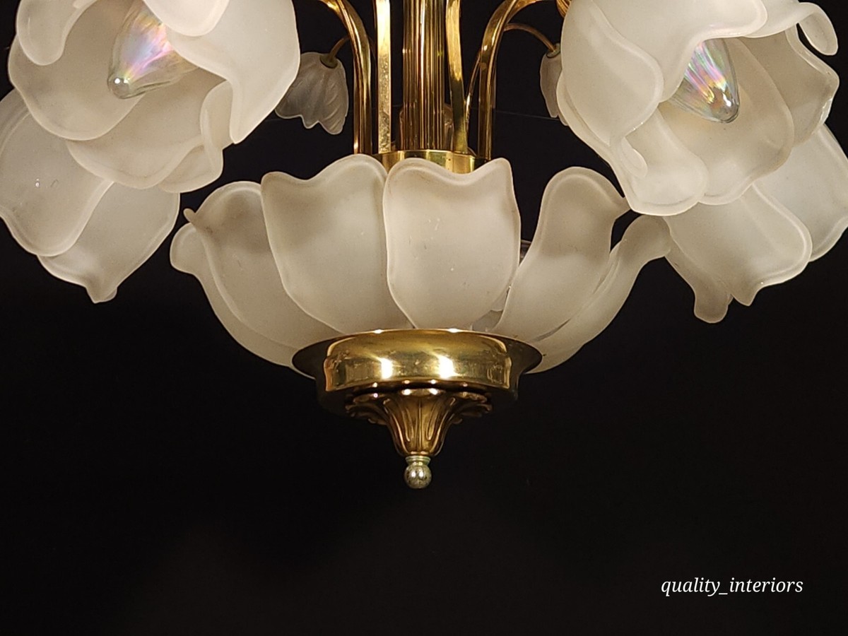 Vintage Attributed LALIQUE Brass Flower Petals Chandelier
