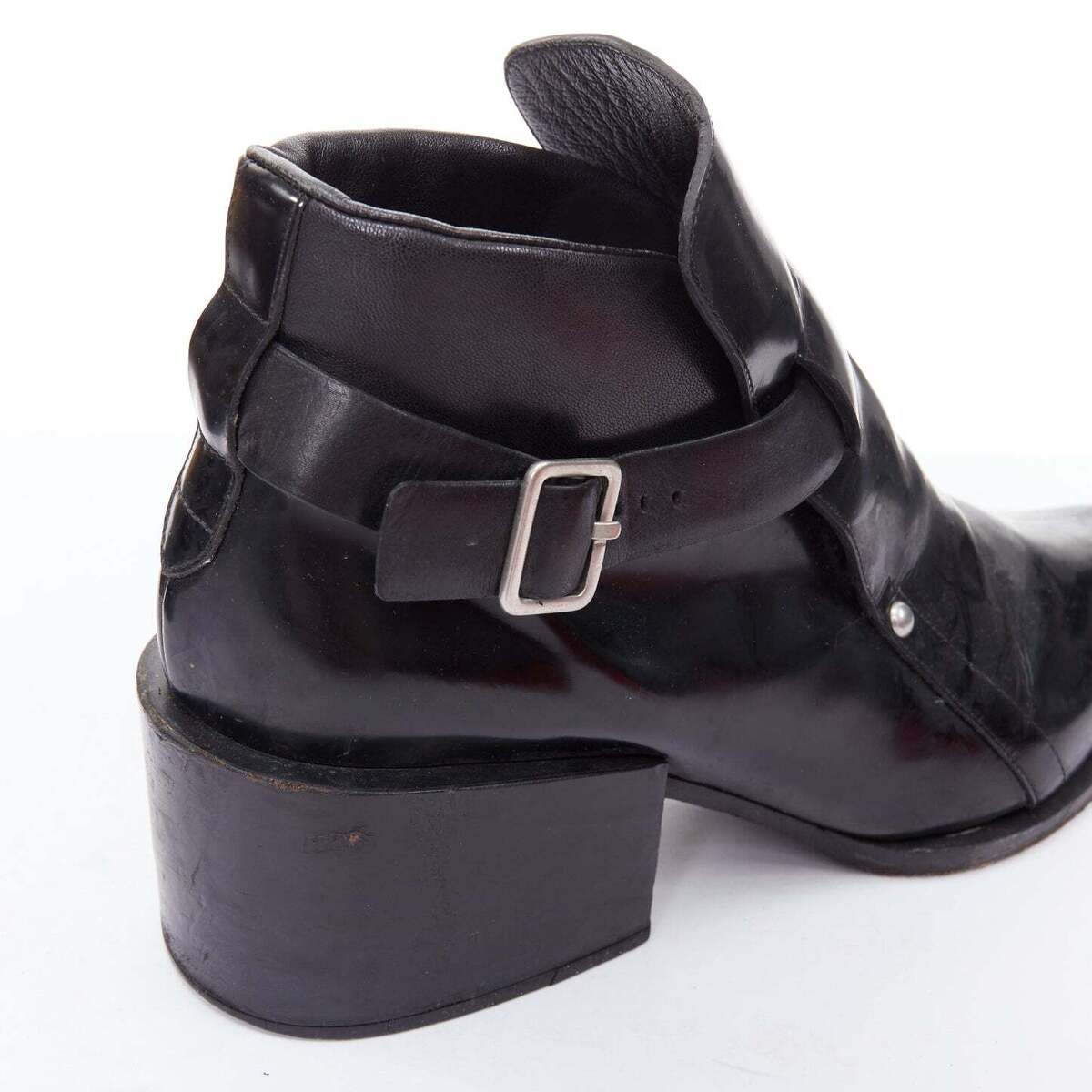 JIL SANDER black leather silver buckle block heel ankle JIL SANDER black leather silver buckle block heel ankle