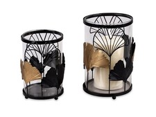 Windlicht Ginkgo Schwarz Gold Glas Metall Kerzenhalter Deko 16 oder 19cm Formano