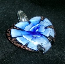 Art Glass Heart Necklace Pendant-Blue Flower Design/Copper Colored Flecks
