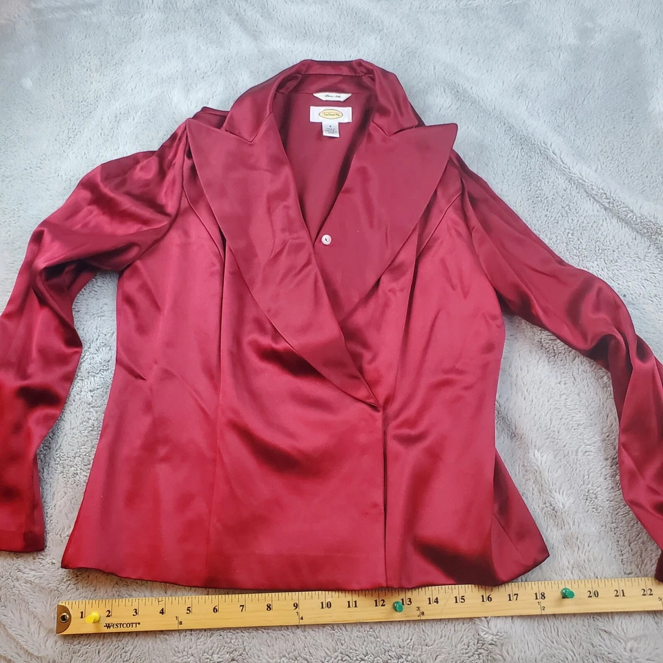 Blusa de seda Talbots para mujer talla 8 roja manga larga botón frontal carrera oficina top Foto 3 de 4