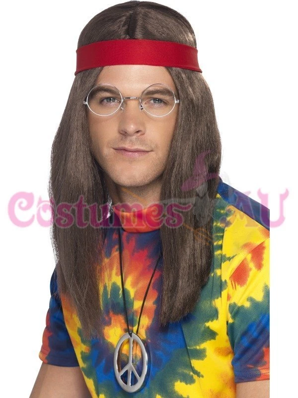 Kit Hippy Hombres Damas Años 60 70 Groovy Hippie Marrón Peluca Disfraz Accesorio Foto 2 de 4