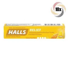 10x Packs HALLS Relief Honey Lemon Sore Throat Cough Drops - 9 Drops Per Pack