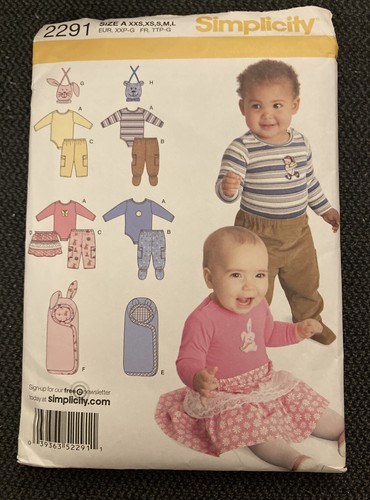 Uncut Simplicity 2291 Sewing Pattern Babies’ Pants Skirt Bibs Bodysuit Bunting