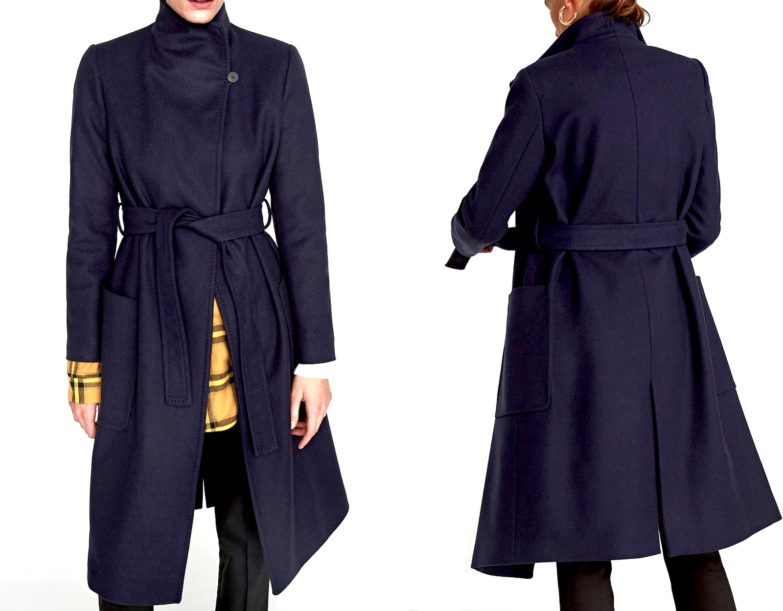 ZARA LONG COAT WOOL BLEND NAVY COAT JACKET HIGH NECK COLLAR BELT SIZE S NEW