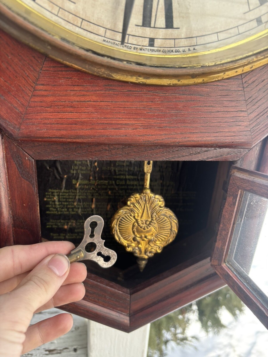 米国「ＷＡＴＥＲＢＵＲＹ」社１９００年代初頭のアンティークキャリッジクロック Antique C 1900 Waterbury Short Drop School Regulator Wall