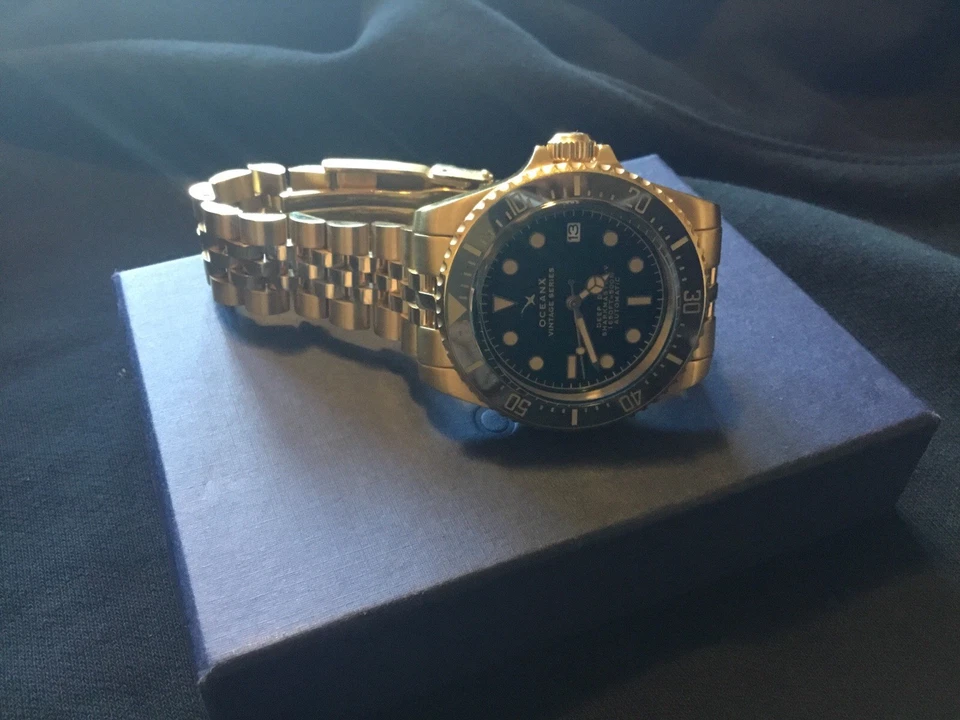 Автоматические дайверские часы Ocean X Sharkmasterv винтажной серии золотистый зеленый циферблат - Изображение 3 из 4