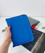 Blue Zippered leather notebook cover. Zippered organizer for documents.