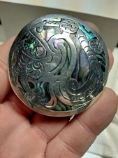 Vtg. Stunning Large Taxco Sterling Brooch With Inlaid Abalony- 2-1/4" Diameter