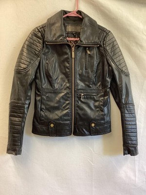 True Love Jacket Womens Small Black Faux Leather Moto Quilted Lined Biker Zip