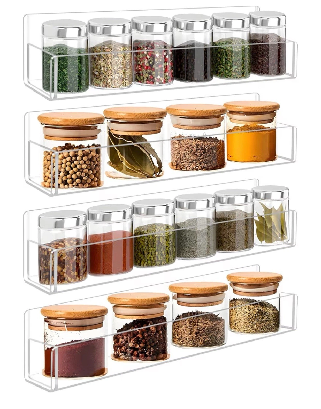 12 Inch Acrylic Spice Rack Wall Mount | 4 Pack | Adhesive Or Screw Install