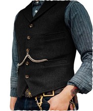 Mens Vintage Tweed Waistcoat Vest Cowboy Wool Herringbone Vests M L XL XXL 3XL