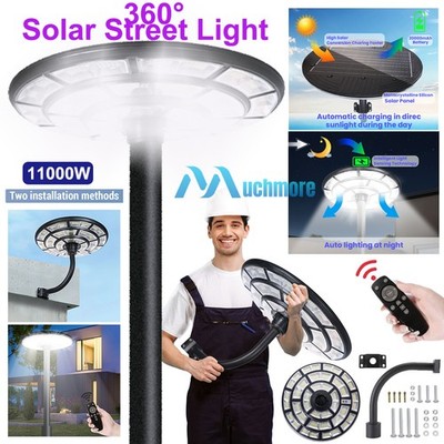 1068 LED 11000W 360° Round Solar Street Light Dusk to Dawn Remote Road Lamp+Pole