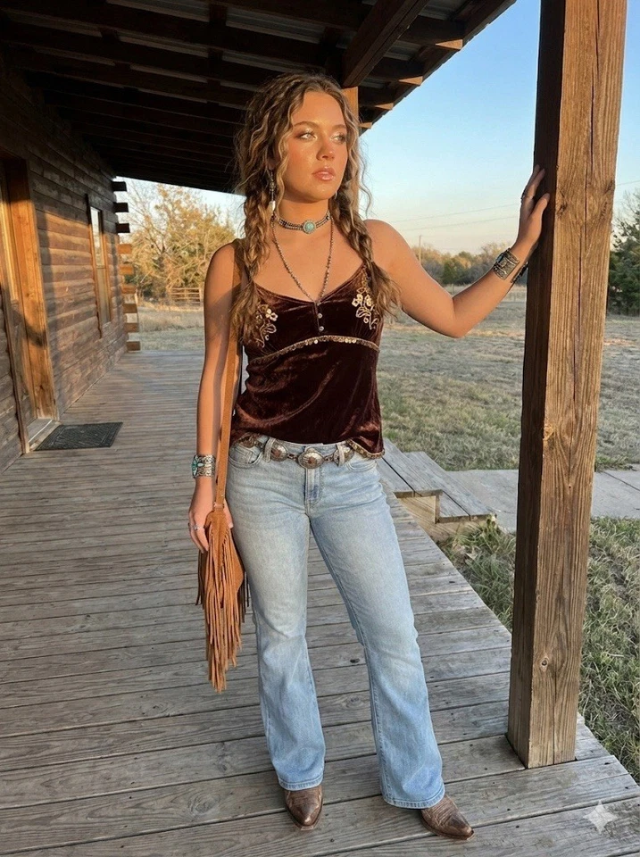 Pantalones de mezclilla Polo Ralph Lauren Y2K terciopelo de seda cami top marrón caprichoso bordado L Foto 4 de 4