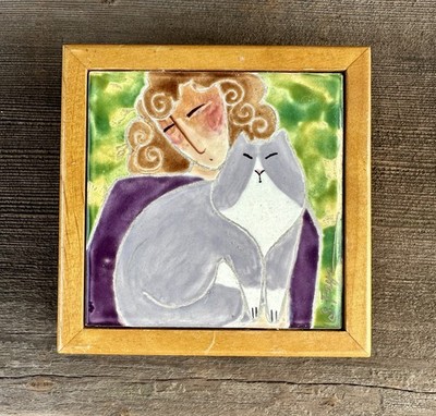 Susan Faye /Oregon Hand Painted Cat Lover Ceramic Tile & Wood Signed Trinket Box