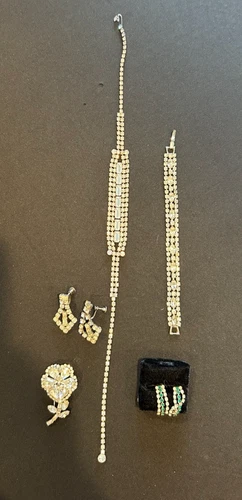 Vintage Rhinestone Costume Jewelry Lot: Bracelet, Choker, Two Earrings and Pin