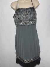 SUE WONG NOCTURNE Steel Grey Beaded Bodice Spaghetti Strap Dress Sz 6 EUC