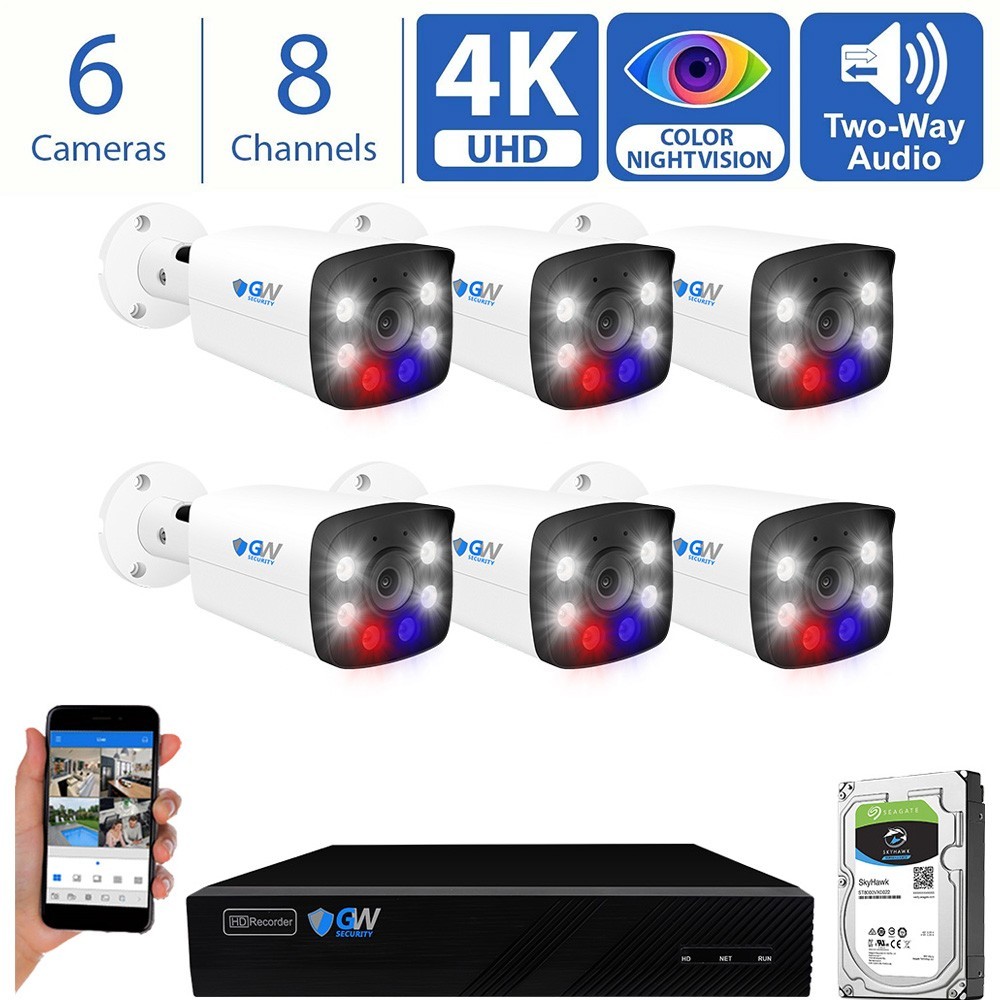 8 Channel 4K NVR 6 X 8MP Full Color 4K Microphone PoE IP Security Camera System