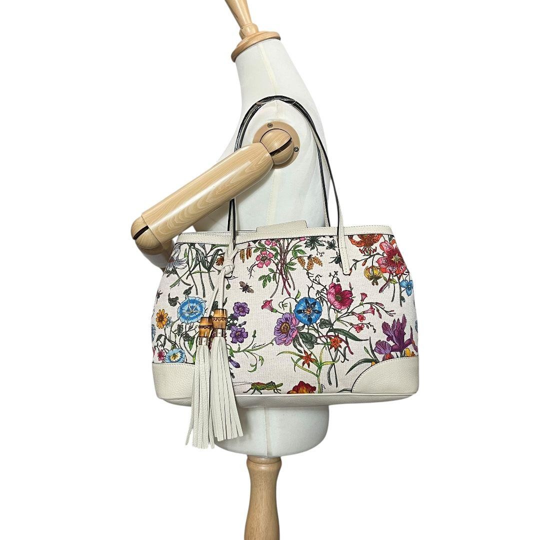 GUCCI Flora Tote Bag 50th Anniversary Flower Pattern Leather Canvas White VIN thumbnail 12