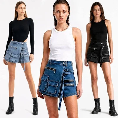 Pantaloncini Cargo Slim Taille Haute En Jeans Denim Femme Zip 0060 Neuf - Photo 1/4
