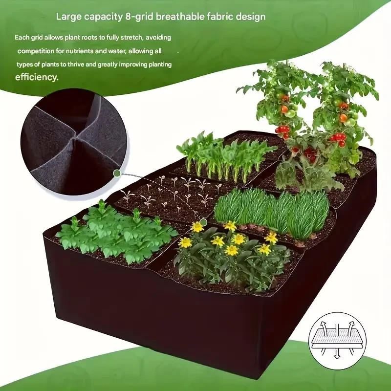 Jardin surélevé en tissu noir à 8 compartiments carrés pour potager