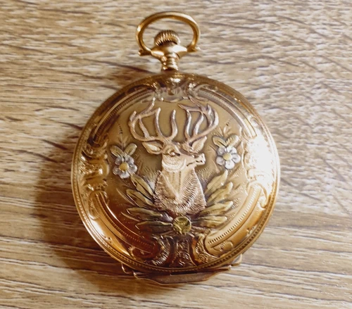 Antique Elgin Tricolor  14k Gold Deer Elk Hunter/Case Pocket Watch 17 Jewel