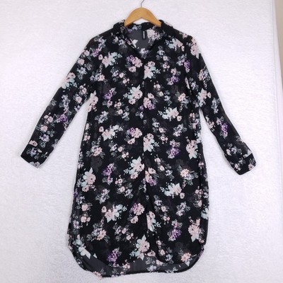 HM Divided Black Floral Sheer Chiffon Button Down Tunic Blouse Shirt 6 Boho