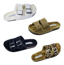 Fur Shearling Slides Fuzzy Slipper Sandals Women Winter Warm Flat Cork Footbed